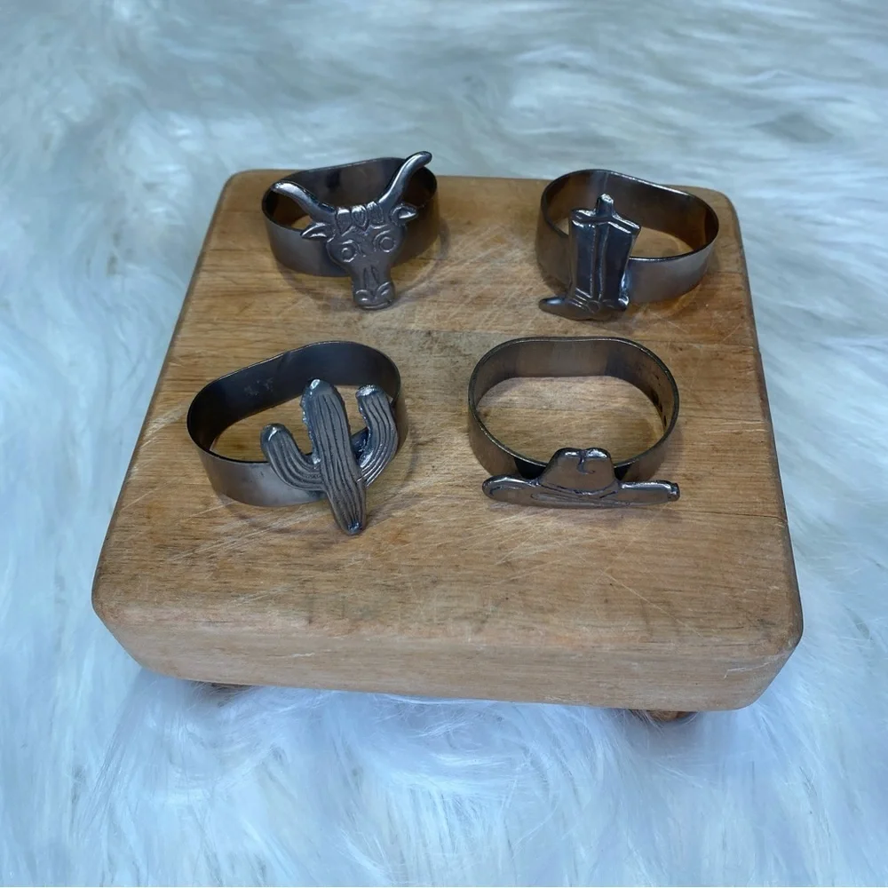 4 Silver Metal Western Cowboy Hat Desert Cactus Boots Napkin Rings